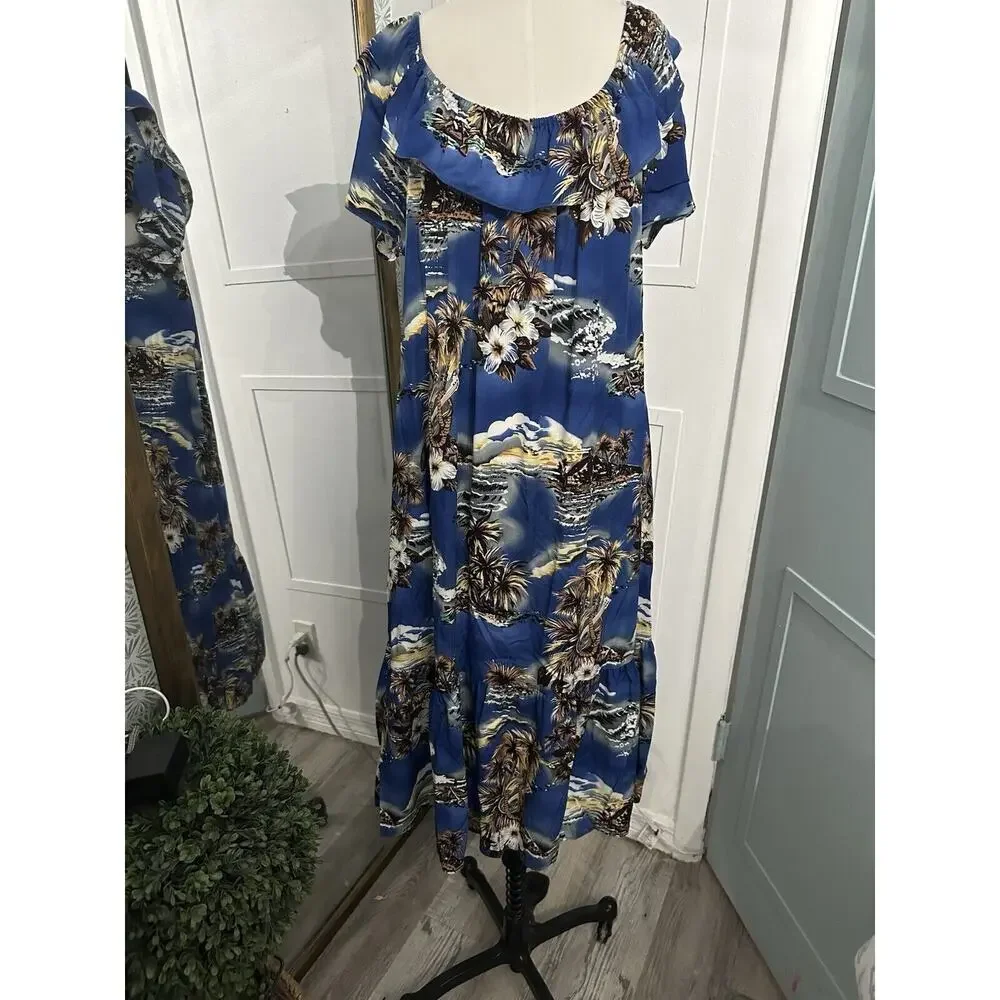 VINTAGE Hilo Hattie Women Dress Large Blue Floral Hawaiian Maxi Made in Hawaii - Picture 4 of 10